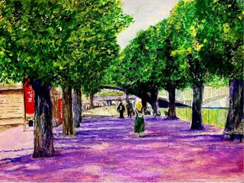 Painting of a woman walking away down a wide tree-lined path