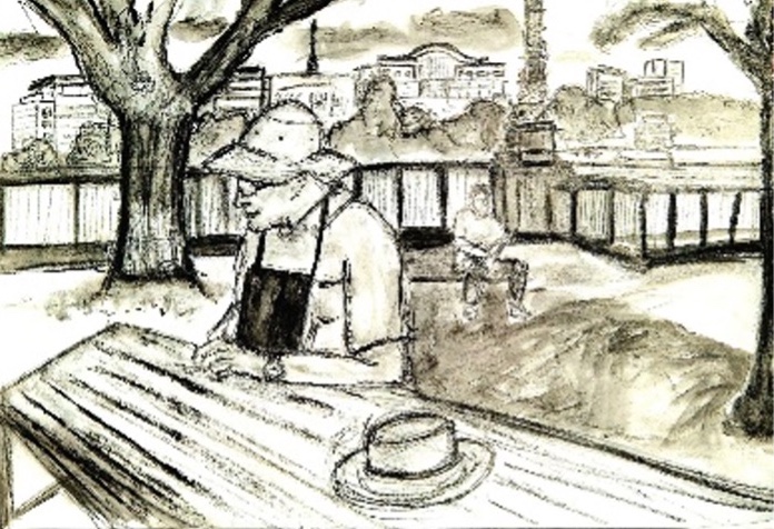 Sketch of someone sat at a table outside on a riverside walkway.