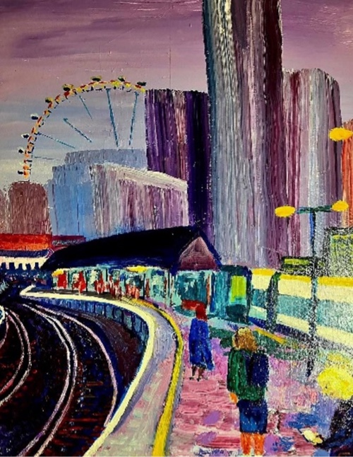 Painting of passengers stood on a railway station platform with cityscape background.