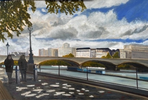 Painting of two walkers on riverside path with arched bridge and cityscape in background.
