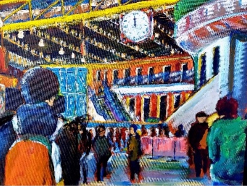 Painting of a scene inside a large, busy building.